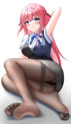  1girl absurdres armpits ass blue_eyes blush breasts feet flustered grisaia_(series) grisaia_no_kajitsu highres large_breasts long_hair looking_at_viewer panties pantyhose pink_hair school_uniform soles solo suou_amane thighs toes underwear  rating:Sensitive score:18 user:SuouAmameme3392