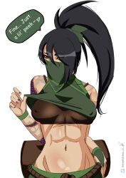  1girl abs absurdres akali arm_tattoo black_bra black_hair bra breasts clothes_lift commentary covered_erect_nipples english_commentary english_text eyeliner flashing hayashidraws heart high_ponytail highres league_of_legends lifting_own_clothes long_hair makeup mask medium_breasts mouth_mask navel ninja ninja_mask ponytail red_eyeliner red_eyes shirt_lift shoulder_tattoo simple_background solo speech_bubble stomach tattoo underwear white_background 