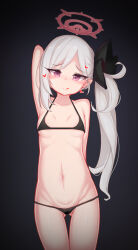  1girl arm_behind_back arm_behind_head arm_up bikini black_background black_bikini blue_archive blush breasts cleft_of_venus closed_mouth collarbone cowboy_shot eyebrows eyelashes female_focus flower flower_on_head grey_hair halo highres loli long_hair looking_at_viewer mochikushi mutsuki_(blue_archive) naughty_face navel pink_eyes ponytail red_halo side_ponytail simple_background small_breasts smile solo standing swimsuit thigh_gap tongue tongue_out 