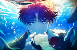  1boy blue_eyes bubble collared_shirt disembodied_limb fish hand_grab highres kiss looking_at_viewer love_and_deepspace male_focus masahisax purple_hair rafayel_(love_and_deepspace) shirt short_hair solo_focus underwater 
