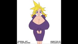  1girl animated bouncing_breasts bow braid breast_expansion breasts cleavage cloud_strife covered_erect_nipples drawsputin dress final_fantasy final_fantasy_vii genderswap genderswap_(mtf) gigantic_breasts highres huge_breasts large_breasts matsu-sensei monochrome purple_dress sound square_enix tagme video wide_hips  rating:Questionable score:20 user:korra55