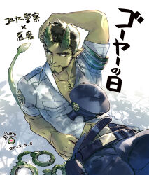  1boy arm_over_head armband bara beard bitter_melon chest_hair cuffs facial_hair fang fang_out feet_out_of_frame from_above handcuffs hat horns looking_at_viewer male_focus midriff_peek mutton_chops navel_hair original p!k@ru partially_unbuttoned pectoral_cleavage pectorals pointy_ears police police_hat police_uniform policeman short_hair sitting solo thick_eyebrows thighs toned toned_male translation_request uniform 