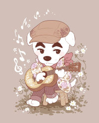 1boy :3 acoustic_guitar animal_crossing artist_name bandana beamed_eighth_notes blush blush_stickers brown_background brown_hat brown_pants buttons cabbie_hat closed_mouth commentary dog_boy eighth_note english_commentary floral_print flower furry furry_male grass guitar half_note hat holding holding_instrument instrument jacket k.k._slider_(animal_crossing) long_sleeves male_focus music musical_note nintendo on_stool open_clothes open_jacket pants plant playing_instrument polka_dot polka_dot_bandana print_jacket red_bandana samantha_whitten signature simple_background sitting smile solo stool striped_clothes striped_pants treble_clef vertical-striped_clothes vertical-striped_pants vines white_flower white_jacket
