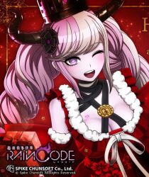  1girl ? breast_tattoo breasts cleavage crown female_focus gift horns large_breasts long_hair looking_at_viewer master_detective_archives:_rain_code matching_hair/eyes official_art one_eye_closed pink_eyes pink_hair shinigami_(rain_code) solo tattoo upper_body wink 