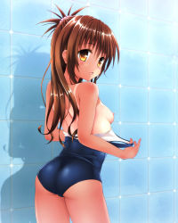 1girl ass blush breasts brown_hair flat_ass long_hair nipples one-piece_swimsuit one-piece_tan school_swimsuit shadow small_breasts solo swimsuit tamanegi_(genpi) tan tanline to_love-ru yellow_eyes yuuki_mikan rating:Questionable score:17 user:danbooru