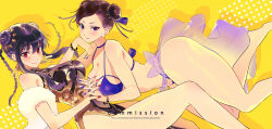  2girls alternate_costume alternate_hairstyle bikini black_hair blue_nails breasts capcom china_dress chinese_clothes chun-li cleavage commission crossover double_bun dress hair_bun holding_hands looking_at_viewer multiple_girls red_nails smile spy_x_family street_fighter sumustard swimsuit yellow_background yor_briar 