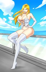  1girl blonde_hair boots bottomless breasts cleavage devil-v emma_frost full_body high_heel_boots high_heels highres huge_breasts marvel thigh_boots thighhighs white_footwear x-men  rating:Questionable score:29 user:gougetsu00