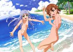  2girls :d ;d absurdres ass barefoot beach blue_hair blush breasts brown_eyes brown_hair casual_nudity cleft_of_venus cloud day eyebrows_visible_through_hair feet female_focus flat_chest green_eyes hands_up highres hiyamizu_yukie index_(toaru_majutsu_no_index) leg_up loli long_hair misaka_mikoto multiple_girls navel nipples nude nude_filter nudist ocean one_eye_closed open_mouth outdoors outstretched_arms outstretched_hand palm_tree pussy short_hair sky small_breasts smile soles splashing standing third-party_edit toaru_majutsu_no_index toes tree uncensored water  rating:Explicit score:89 user:sytalidis