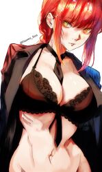  1girl between_breasts black_coat black_necktie braid braided_ponytail breasts chainsaw_man closed_mouth coat commentary hair_between_eyes highres large_breasts long_hair looking_at_viewer makima_(chainsaw_man) navel necktie necktie_between_breasts open_clothes open_coat red_hair ringed_eyes simple_background solo twitter_username vcais white_background yellow_eyes 
