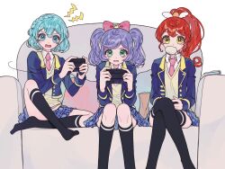  3girls aged_up ahoge ao_(ao0_0nemu) bad_id bad_twitter_id bag baozi black_thighhighs blue_eyes blue_hair blue_jacket blue_skirt bow collared_shirt concentrating couch cropped_jacket crossed_ankles crossed_legs dorothy_west feet_out_of_frame food full_body green_eyes hair_bow hands_up highres jacket kneehighs long_hair long_sleeves looking_at_viewer manaka_laala manaka_laala_(young) miniskirt mouth_hold multiple_girls necktie no_shoes on_couch open_mouth paper_bag paprika_private_academy_school_uniform pillow pink_bow pink_necktie plaid plaid_skirt playing_games pleated_skirt ponytail pretty_series pripara purple_hair red_hair school_uniform shiratama_mikan shirt short_hair sitting skirt socks thighhighs twintails vest wavy_mouth white_background white_shirt yellow_eyes yellow_vest 