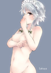  1girl braid breasts grey_eyes hand_to_own_mouth highres izayoi_sakuya looking_at_viewer maid maid_headdress nagata_nagato navel nipples nude out-of-frame_censoring silver_hair solo touhou twin_braids  rating:Questionable score:18 user:danbooru