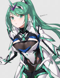 1girl armor blush breasts commentary_request cowboy_shot gloves green_eyes green_hair highres large_breasts long_hair looking_at_viewer peach11_01 pneuma_(xenoblade) ponytail shoulder_armor solo standing very_long_hair white_gloves xenoblade_chronicles_(series) xenoblade_chronicles_2  rating:Sensitive score:7 user:danbooru