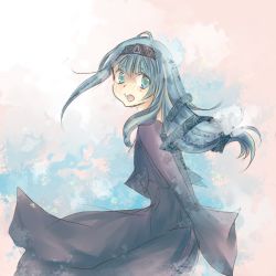  00s 1girl arms_behind_back bad_id bad_pixiv_id blue_hair elemental_gelade female_focus gradient_background hairband happy open_mouth reverie_metherlence ribbon shallon solo 