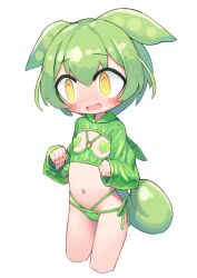  1girl @_@ alternate_costume bikini bikini_bottom_only blush clenched_hands commentary_request cowboy_shot cropped_hoodie cropped_legs embarrassed flat_chest green_bikini green_hair green_hoodie green_pasties hair_between_eyes heart_pasties highres hood hoodie loli midriff nanatsuta navel o-ring open_mouth pasties revealing_clothes side-tie_bikini_bottom simple_background sleeves_past_wrists solo sweat swimsuit voicevox white_background yellow_eyes zundamon 