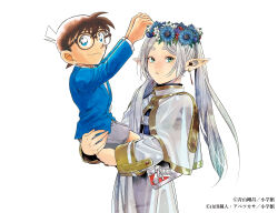  1boy 1girl abe_tsukasa aoyama_goushou blue_eyes brown_hair child collaboration company_connection copyright_name earrings edogawa_conan elf flower frieren glasses green_eyes hair_between_eyes head_wreath highres holding jacket jewelry long_hair long_sleeves looking_at_viewer meitantei_conan official_art parted_bangs pointy_ears shirt short_hair shorts smile sousou_no_frieren twintails weekly_shounen_sunday white_hair white_shirt 