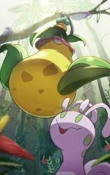 black_eyes blurry blurry_foreground bonsly branch commentary_request creatures_(company) from_below game_freak gen_1_pokemon gen_4_pokemon gen_6_pokemon goomy green_eyes hanging highres nintendo no_humans plant pokemon pokemon_(creature) sliggoo tatsumi_(panneko) tree victreebel vines 