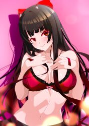  1girl absurdres azur_lane bare_shoulders black_hair blush bow bra breasts closed_mouth hair_bow hands_up highres lace lace-trimmed_bra lace_trim lingerie long_hair looking_at_viewer medium_breasts navel origami_aya red_bow red_bra red_eyes sakawa_(azur_lane) smile solo stomach underwear undone_bra 