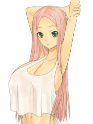  1girl arm_up bare_shoulders bottomless breasts eyes_visible_through_hair green_eyes holding_own_arm huge_breasts long_hair looking_at_viewer morozou navel no_bra original out-of-frame_censoring parted_lips pink_hair sideboob simple_background solo standing stretching tank_top white_background 
