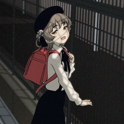  1girl backpack bag beret black_hat black_ribbon black_skirt brown_eyes collared_shirt cowboy_shot cropped day fang fence flower from_side half-closed_eyes hat hat_flower hat_ribbon hatoba_tsugu head_back holding_strap long_sleeves looking_at_viewer looking_to_the_side magari_(c0rn3r) mole mole_under_eye neck_ribbon outdoors randoseru red_bag ribbon shirt shirt_tucked_in skirt smile solo standing suspender_skirt suspenders tsugu_(vtuber) white_flower white_shirt 