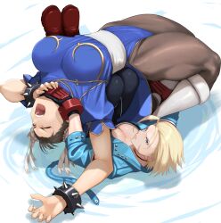  1girl absurdres ahoge backbreaker blonde_hair blue_eyes bracelet breasts brown_hair bun_cover cammy_white capcom catfight china_dress chinese_clothes chun-li cleavage closed_eyes double_bun dress earrings femdom hair_bun highres huge_ahoge jacket jewelry kineluchs large_breasts muscular muscular_female open_mouth pain pants pantyhose partially_submerged sash scar short_hair spiked_bracelet spikes street_fighter street_fighter_6 studded_bracelet submission_hold surfboard_(wrestling) thighs wrestling 
