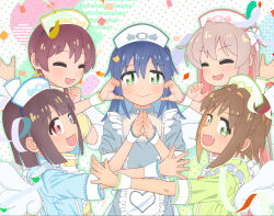  +_+ 5girls :d ^_^ alternate_costume angel_wings bare_arms blue_hair blunt_bangs blunt_ends brown_eyes brown_hair closed_eyes colored_inner_hair commentary confetti detached_wings english_commentary fang green_eyes grey_hair hair_between_eyes hair_intakes hat highres hozuki_momiji kofumi_all long_sleeves looking_at_viewer mixed-language_commentary multicolored_hair multiple_girls murosaki_miyo nurse nurse_cap oka_asahi onii-chan_wa_oshimai! open_mouth orange_hair own_hands_together oyama_mahiro pink_hair red_hair short_hair short_sleeves smile steepled_fingers streamers tenkawa_nayuta two-tone_hair wings wrist_cuffs 