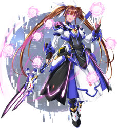  1girl armor armored_boots armored_dress black_gloves boots brown_hair city cityscape dress energy_ball fingerless_gloves gloves glowing glowing_eyes hair_ribbon highres holding holding_weapon long_dress long_hair looking_at_viewer lyrical_nanoha magical_girl multicolored_clothes multicolored_dress multicolored_footwear open_mouth purple_eyes raising_heart ribbon smile solo sougetsu_izuki takamachi_nanoha twintails weapon white_devil white_ribbon 
