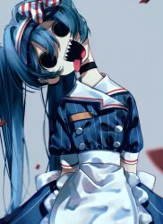  1girl apron arms_at_sides black_choker blue_dress blue_hair blue_hat bow buttons choker confetti crazy_smile double-breasted dress frilled_apron frills grey_background hair_between_eyes hashtag-only_commentary hat hatsune_miku head_tilt highres hollow_eyes horror_(theme) long_hair looking_at_viewer mesmerizer_(vocaloid) open_mouth puffy_short_sleeves puffy_sleeves sharp_teeth short_sleeves smile solo striped_bow suwapichan11 teeth tongue tongue_out twintails very_long_hair visor_cap vocaloid waist_apron white_apron 