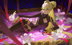  1girl black_lips black_pants blonde_hair cellphone cleavage_cutout clothing_cutout commentary_request dark-skinned_female dark_skin dayday2333 domino_mask double_bun flip_phone flower gloves gyaru hair_bun highres holding holding_phone lips lipstick long_hair long_sleeves looking_at_viewer lying makeup mask pants persona persona_5 persona_5:_the_phantom_x phone solo tohyama_kayo tongue tongue_out very_long_hair white_flower yellow_gloves yellow_mask 