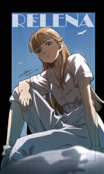  1girl bird blonde_hair blue_sky character_name collarbone commentary dated english_commentary english_text from_below green_eyes gundam gundam_wing long_hair looking_at_viewer relena_peacecraft serious signature sitting sky solo straight_hair werkbau 