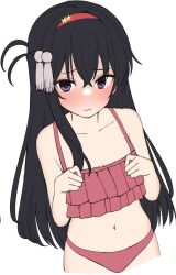  1girl 3: bare_arms bikini black_hair blush breasts bright_pupils cleavage closed_mouth collarbone commentary cowboy_shot crossed_bangs embarrassed flat_color flower frilled_bikini frills full-face_blush hair_between_eyes hair_flower hair_ornament hairband hands_up highres long_hair looking_at_viewer navel nijouin_hazuki one_side_up purple_eyes raised_eyebrows red_bikini red_hairband riddle_joker sidelocks simple_background solo straight_hair swimsuit tassel tassel_hair_ornament tft_(tft7822) tsurime very_long_hair white_background white_tassel yellow_flower 