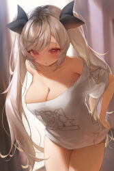  1girl :o bare_shoulders blush bottomless breasts cleavage collarbone commentary commission cowboy_shot day grey_hair hair_ornament highres indie_virtual_youtuber indoors large_breasts long_hair looking_at_viewer metatarou off-shoulder_shirt off_shoulder red_eyes shirt short_sleeves skeb_commission solo tukigumo_kohaku twintails virtual_youtuber white_shirt  rating:Sensitive score:8 user:danbooru