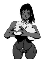  black_and_white blush breast_press breasts dark_skin heart heart-shaped_boob_challenge heart_hands hime_cut hips huge_breasts lips original simple_background sunflowerpot surprised white_background wide_hips 