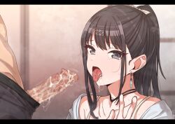  1boy 1girl after_fellatio black_eyes black_hair blush censored collarbone cum cum_in_mouth cum_on_tongue earrings erection erere hair_ornament hair_ribbon hairclip hetero idolmaster idolmaster_shiny_colors jewelry kazano_hiori long_hair looking_at_viewer mole mole_under_mouth mosaic_censoring necklace open_mouth penis ponytail ribbon solo_focus sweat swept_bangs tears tongue tongue_out v x_hair_ornament 