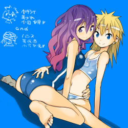  2girls ass bare_shoulders barefoot becky_(takayama_toshinori) blonde_hair blue_background blue_eyes breast_press breasts brown_eyes character_request competition_swimsuit dutch_angle feet flat_chest hand_on_back large_breasts long_hair looking_at_viewer multiple_girls navel one-piece_swimsuit original purple_eyes purple_hair sitting smile spiked_hair swimsuit takayama_toshinori wariza  rating:Sensitive score:27 user:danbooru