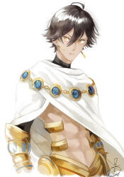  1boy abs black_hair blue_gemstone brown_eyes cloak cropped_torso double-parted_bangs earrings fate_(series) gem hair_between_eyes jewelry male_focus mizutame_tori navel ozymandias_(fate) parted_lips short_hair signature simple_background solo stomach white_background white_cloak 