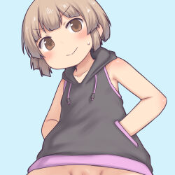  1girl aaaa_(quad-a) black_hoodie blue_background blush bottomless brown_eyes brown_hair collarbone flat_chest hands_in_pockets hood hoodie loli looking_at_viewer out-of-frame_censoring pussy pussy_peek short_hair sleeveless sleeveless_hoodie smile standing sweat 