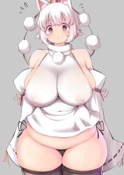  1girl animal_ears black_thighhighs blush breasts brown_eyes commentary covered_erect_nipples covered_navel cowboy_shot curvy detached_sleeves flying_sweatdrops grey_background hat highres inubashiri_momiji large_breasts looking_at_viewer plump pom_pom_(clothes) red_hat ribbon-trimmed_sleeves ribbon_trim shirt shishi_juuroku short_eyebrows short_hair simple_background skindentation solo standing thighhighs thighs tokin_hat touhou white_hair white_shirt wolf_ears wolf_girl 