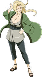  1girl blonde_hair breasts brown_eyes cleavage collarbone hand_on_own_hip highres large_breasts looking_at_viewer nail_polish naruto_(series) naruto_shippuuden official_art sandals smile solo toenail_polish toenails toes tsunade_(naruto)  rating:Sensitive score:31 user:User15899