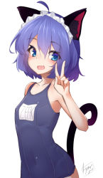  10s 1boy 1girl 2015 ahoge animal_ears blue_eyes cat_ears cat_tail covered_navel dated eyelashes hair_between_eyes maid_headdress one-piece_swimsuit open_mouth original purple_hair school_swimsuit short_hair signature simple_background smile solo swimsuit tail tilt-shift_(azalanz) trap v white_background  rating:Sensitive score:29 user:danbooru