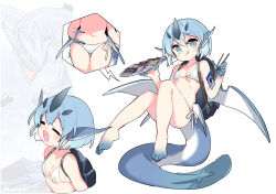  1girl :d :q bare_arms bare_legs bare_shoulders barefoot belly_grab bikini blue_hair blush card character_request chopsticks closed_eyes cropped_torso green_eyes hair_between_eyes highres holding holding_chopsticks horns knees_up multiple_views navel open_mouth saru sharp_teeth side-tie_bikini_bottom simple_background smile swimsuit tail teeth thigh_gap tongue tongue_out white_background white_bikini yu-gi-oh! 