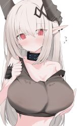 1girl absurdres arknights bare_shoulders black_collar black_horns black_tank_top blush breasts closed_mouth collar collarbone commentary_request demon_girl demon_horns flying_sweatdrops grabbing_own_breast highres horns infection_monitor_(arknights) large_breasts looking_at_viewer material_growth mudrock_(arknights) mudrock_(elite_ii)_(arknights) nui_(nuinui0300) oripathy_lesion_(arknights) pointy_ears red_eyes simple_background solo strap_slip sweat tank_top white_background