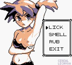  1girl angry annoyed arm_behind_head arm_under_breasts armpits arrow_(symbol) artist_name bandeau bandeau_pull black_bandeau black_pants blush breasts cerealxs closed_mouth collarbone commentary creatures_(company) dialogue_box embarrassed english_commentary english_text fake_screenshot flashing frown game_freak groin hair_tie highres looking_at_viewer midriff misty_(pokemon) monochrome navel nintendo nipples orange_hair pants pixel_art pokemon pokemon_rgby presenting_armpit pulled_by_self sepia short_hair side_ponytail signature simple_background small_breasts solo upper_body v-shaped_eyebrows white_background 
