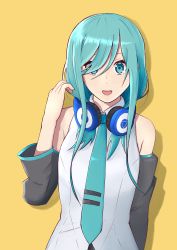  absurdres alternate_hair_length alternate_hairstyle aqua_eyes aqua_hair commentary_request cosplay detached_sleeves go-toubun_no_hanayome hair_over_one_eye hatsune_miku hatsune_miku_(cosplay) headphones highres nakano_miku nakano_miku_(cosplay) name_connection necktie open_mouth sleeveless vocaloid yellow_background yoshiyuki_eve  rating:General score:7 user:danbooru