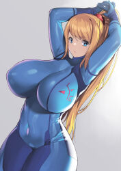  1girl arms_up blonde_hair blue_eyes bodysuit breasts huge_breasts long_hair looking_at_viewer metroid nagase_haruhito navel nintendo ponytail samus_aran simple_background skin_tight solo thick_thighs thighs very_long_hair wide_hips zero_suit 