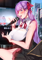 1girl bare_shoulders bb_(fate) bb_(fate/extra) blush breasts fate/grand_order fate_(series) hair_ribbon heavy_breathing high-waist_skirt highres holding holding_microphone large_breasts long_hair looking_at_viewer looking_to_the_side microphone open_mouth purple_eyes purple_hair red_ribbon ribbon see-through shiny_skin sitting skirt sleeveless smile solo very_long_hair wet wet_clothes yueqin_(monnpiano) rating:Questionable score:28 user:danbooru