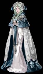  1girl aqua_hair black_background cape circlet closed_mouth collarbone collared_cape commentary crown dress english_commentary fire_emblem fire_emblem:_three_houses fire_emblem_heroes flower full_body gold_trim green_eyes green_hair hair_flower hair_ornament jewelry long_dress long_hair long_skirt long_sleeves looking_at_viewer nintendo own_hands_together parted_bangs portrait rhea_(fire_emblem) simple_background skarloeyisyoung skirt sleeves_past_wrists solo standing tiara white_dress 