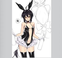 1other :o ahoge ameman androgynous animal_ears back bare_shoulders bikini bikini_top_only black_bow black_hair black_leotard black_thighhighs blush bottle bow braid braided_ponytail center_opening cowboy_shot embarrassed fake_animal_ears fate/grand_order fate/samurai_remnant fate_(series) frills gloves hair_intakes highres holding holding_bottle leotard long_hair navel nontraditional_playboy_bunny orange_eyes rabbit_ears shiny_clothes sidelocks simple_background single_braid sketch sweatdrop swimsuit thighhighs white_background white_gloves wine_bottle yamato_takeru_(fate) 