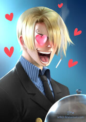  1boy artist_name black_necktie blonde_hair cigarette commentary curly_eyebrows english_commentary facial_hair formal hair_over_one_eye heart heart-shaped_eyes male_focus mouth_hold necktie one_eye_covered one_piece open_mouth realistic sanji_(one_piece) sebijy short_hair signature smile smoke solo suit teeth watermark web_address 