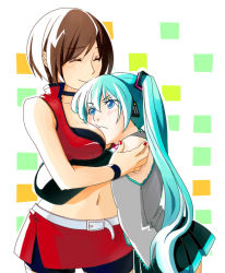 &gt;:( 00s 2girls ^_^ aqua_background aqua_hair belt between_breasts black_shirt blue_eyes blush bracelet breast_press breasts brown_hair cheek-to-breast choker closed_eyes closed_mouth couple cowboy_shot detached_sleeves eyelashes female_focus frown green_background grey_shirt hatsune_miku height_difference hug jewelry long_hair looking_at_another medium_breasts meiko_(vocaloid) midriff multicolored_background multiple_girls nail_polish navel orange_background red_nails red_skirt shirt shiseriyo short_hair simple_background skirt sleeveless sleeveless_shirt smile standing tank_top twintails upper_body vocaloid white_background yuri rating:Sensitive score:13 user:danbooru