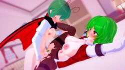  2girls 3d animated antennae arms_up arthropod_girl black_pantyhose blurry blurry_background blush breasts cape closet curtains depth_of_field ears futa_with_female futanari green_eyes green_hair green_pubic_hair hair_between_eyes indoors kazami_yuuka koikatsu_(medium) lamp large_breasts large_penis long_sleeves looping_animation mightyniku multiple_girls musi_cassie navel nipples no_bra no_panties open_clothes pantyhose penis petite pubic_hair red_eyes sex short_hair size_difference small_breasts smile sound thighband_pantyhose torn_clothes torn_pantyhose touhou video window wriggle_nightbug  rating:Explicit score:57 user:Haoto